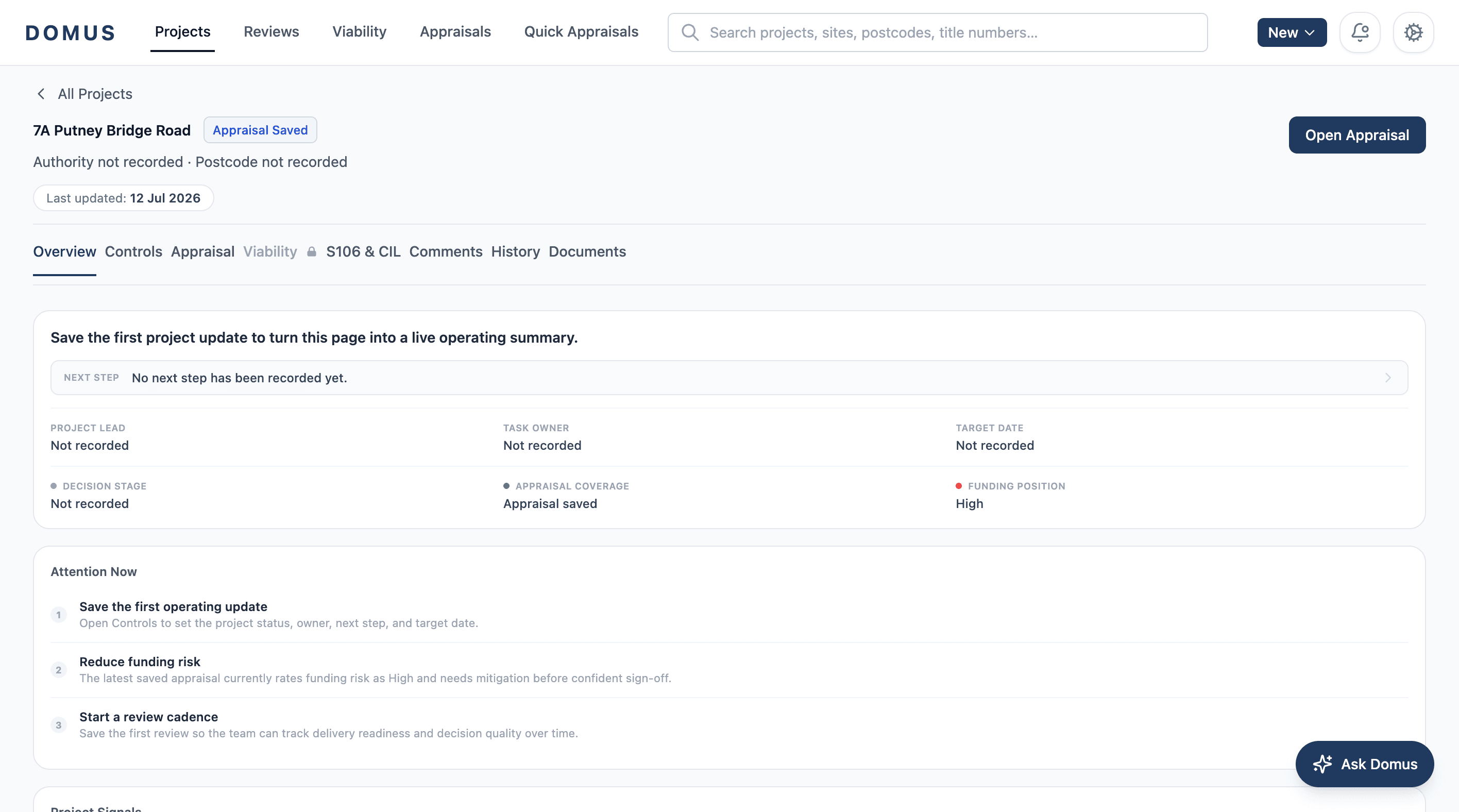 Every active scheme in one view. Decision stage, funding position, latest appraisal metrics.
